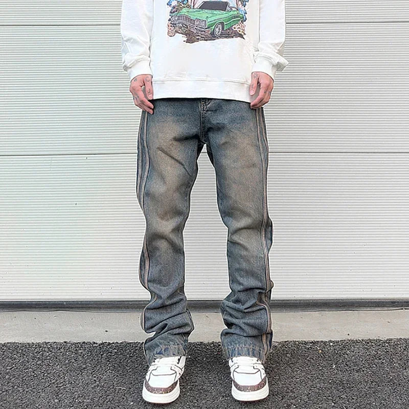 high street vibe washed striped flared jeans dark blue distressed jean casual side stripes slim micro flared jeans pants male stacked flare jeans