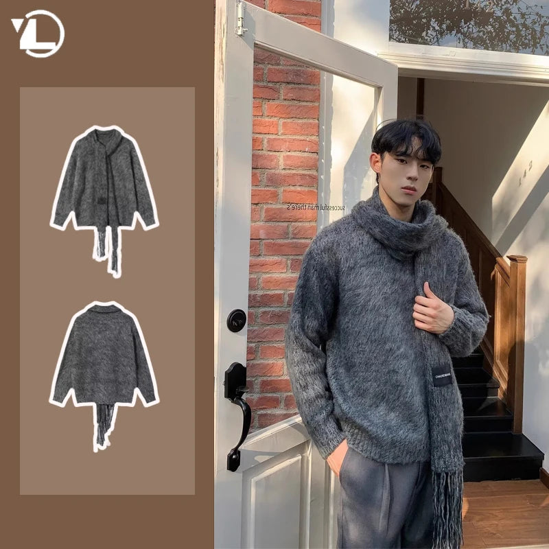 Autumn Warm Sweater Mens Korean Street Simplicity Round Neck Pullover+Solid Color Scarf Two-piece Set Casual Knitted Tops Trend Street King Limited