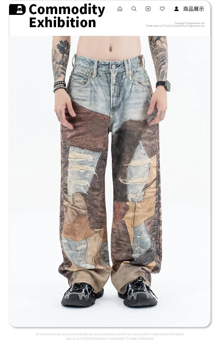 2024 autumn and winter new stitching ripped jeans Street King Limited