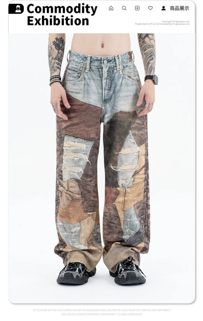 2024 autumn and winter new stitching ripped jeans Street King Limited