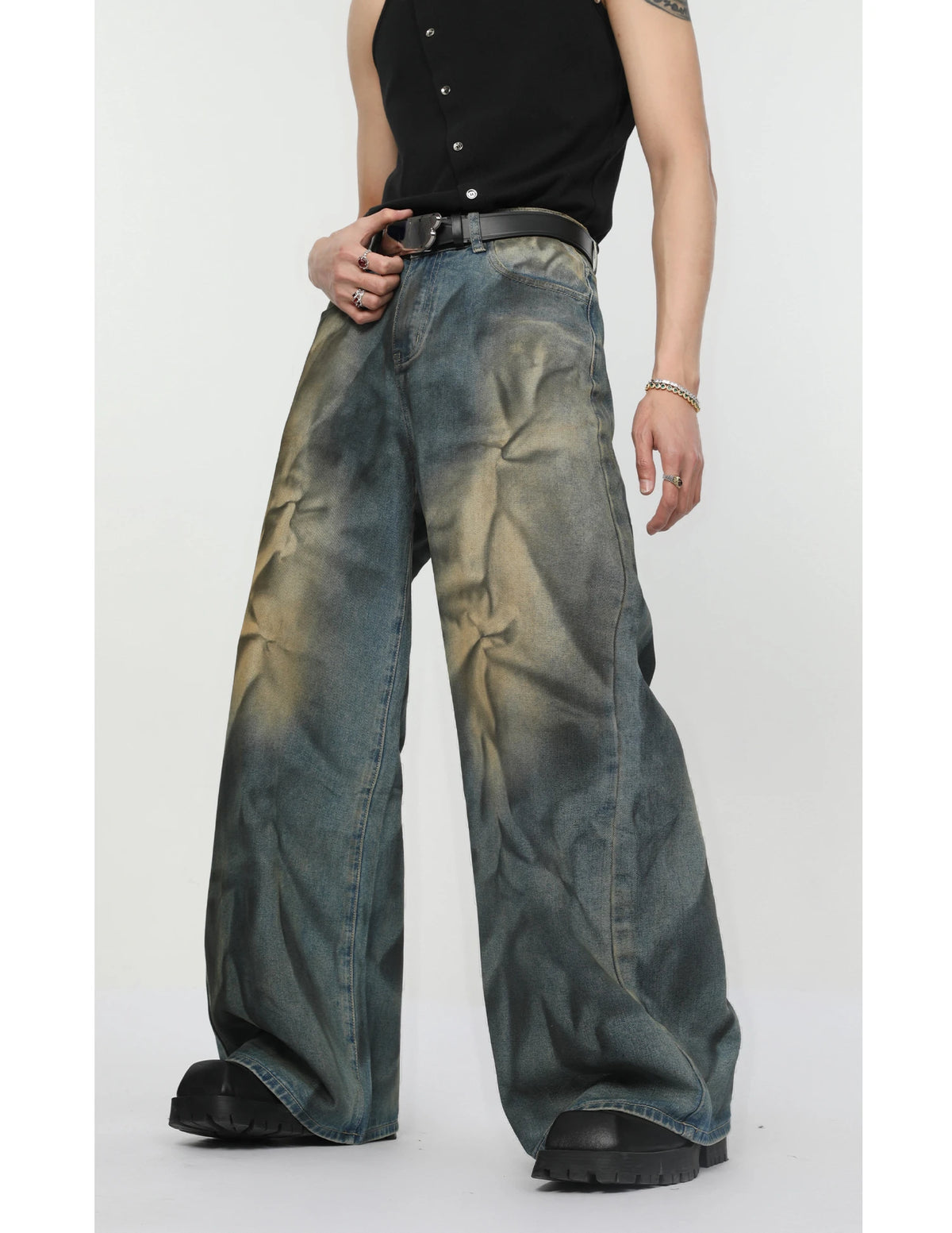 2 pieces sets mens fashion dirty graffiti wide shouder denim jeans jacket coat and wide legs pants joggers new streetwear sets unique joggers style 3573