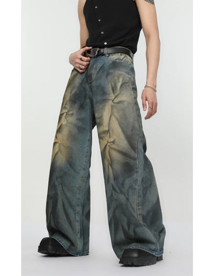 2 pieces sets mens fashion dirty graffiti wide shouder denim jeans jacket coat and wide legs pants joggers new streetwear sets unique joggers style 3573