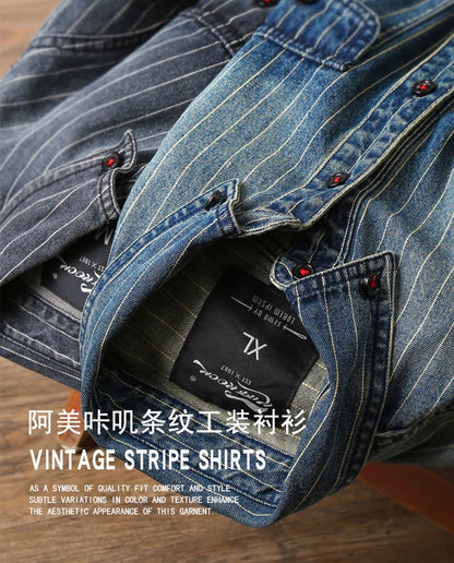 Amekaji VIntage Denim Shirt Men Spring Autumn New Lapel Multi-pocket Blue Striped Long Sleeve Cargo Shirt  Casual Cardigan Tops Street King Limited