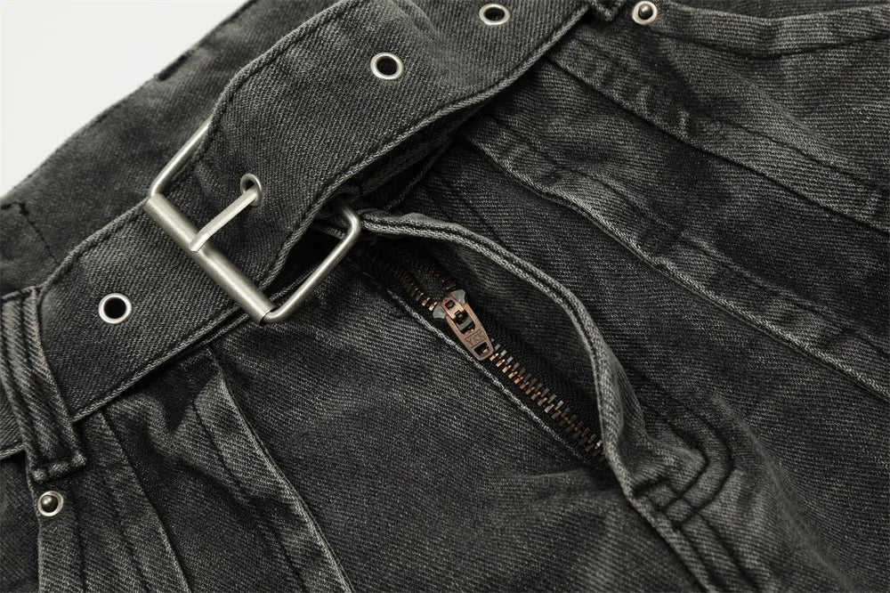 american high street vibe fashion splice jeans mens belt loose casual vintage wide leg straight denim baggy jeans pants trouser unique jeans style 1373