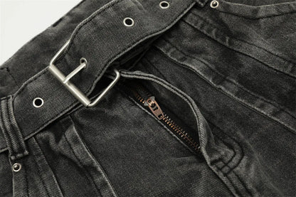 american high street vibe fashion splice jeans mens belt loose casual vintage wide leg straight denim baggy jeans pants trouser unique jeans style 1373