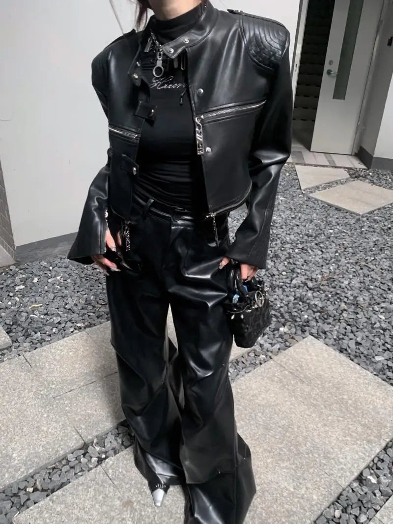 european and american heavy industry multi zipper design spider web shoulder pad leather jacket for women 2024 new jacket top unique default style 1580