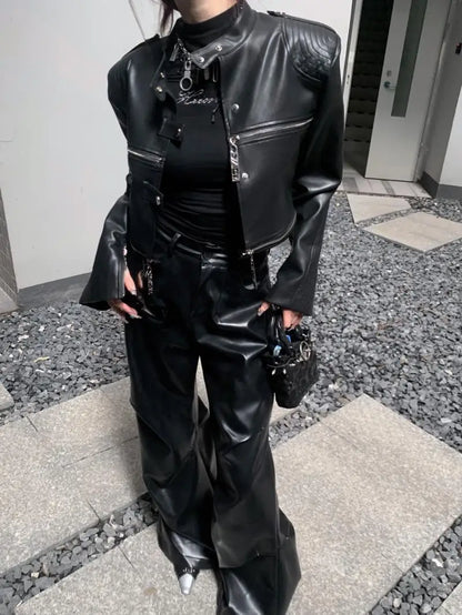 european and american heavy industry multi zipper design spider web shoulder pad leather jacket for women 2024 new jacket top unique default style 1580