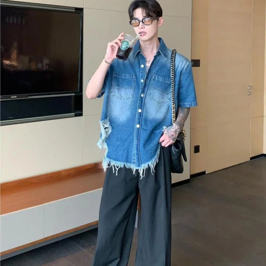 summer trend mens set shoulder padded short sleeved denim shirt quick drying casual pants 2 pcs set american retro street suit denim street jeans