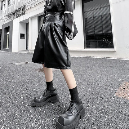 men japanses korean streetwear fashion hip hop loose casual dark black wide leg leather shorts male short pant relaxed fit shorts