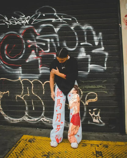 harajuku many ghost faces print y2k men s jeans popular anime baggy jeans wide leg pants streetwear trouser men clothing unique jeans style 4525