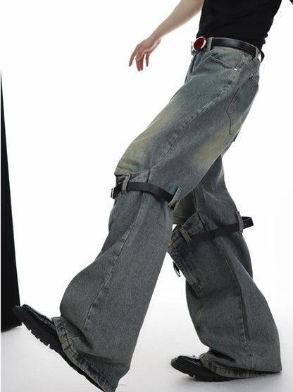 mens knee patchwork belts denim jeans unisex hip hop fashion streetwear harajuku loose flare straight y2k jean pants joggers casual joggers