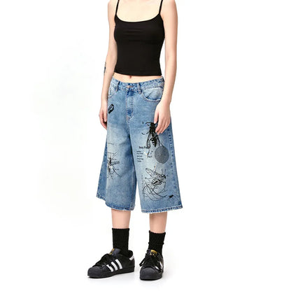 Men's Ripped Denim Shorts 2024 Summer Fashion Graffiti Insect Patterned Jeans Shorts Harajuku Streetwear Short Pants Y2K Street King Limited