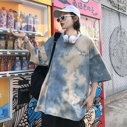 Summer national trend hip-hop tie-dye short-sleevedstyle Korean version ins loose couple's five-point half-sleeved T-shirt top Street King Limited