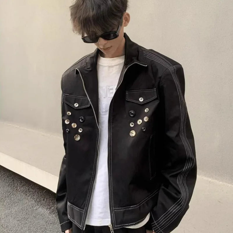 spring retro irregular button mens jacket shoulder pad design trend high street coats motorcycle fashion stand collar outwear urban fashion pants