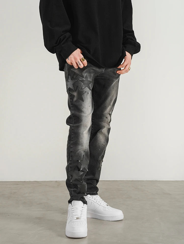star appliques denim jeans skinny trousers slim fit men new casual biker jeans fashion streetwear hip hop trousers pants joggers unique joggers style 2546