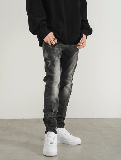 star appliques denim jeans skinny trousers slim fit men new casual biker jeans fashion streetwear hip hop trousers pants joggers unique joggers style 2546