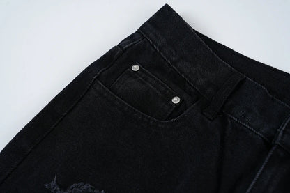 y2k streetwear embroidered ripped wide jeans for men washed destroyed torn flared jean male tassels hip hop jeans pants baggy unique jeans style 5178