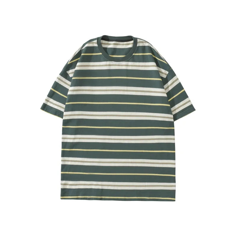 Japanese Striped Short-Sleeved Men's Summer Loose Three-Quarter Sleeve T-Shirt Trendy Casual Versatile Student Couple T-Shirt Street King Limited