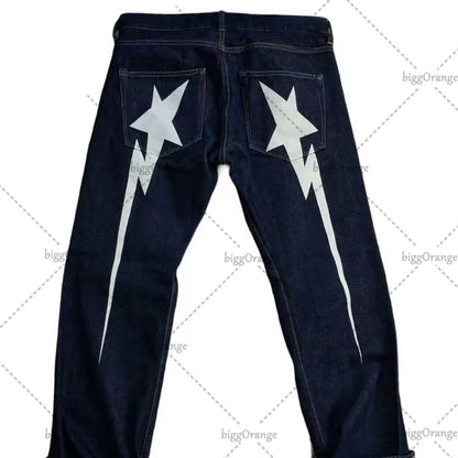 Y2K Street Hip Hop Harajuku Lightning Pattern Printed Jeans Men's Fashion Loose Casual High Waist Wide Leg Jeans Women's Street King Limited