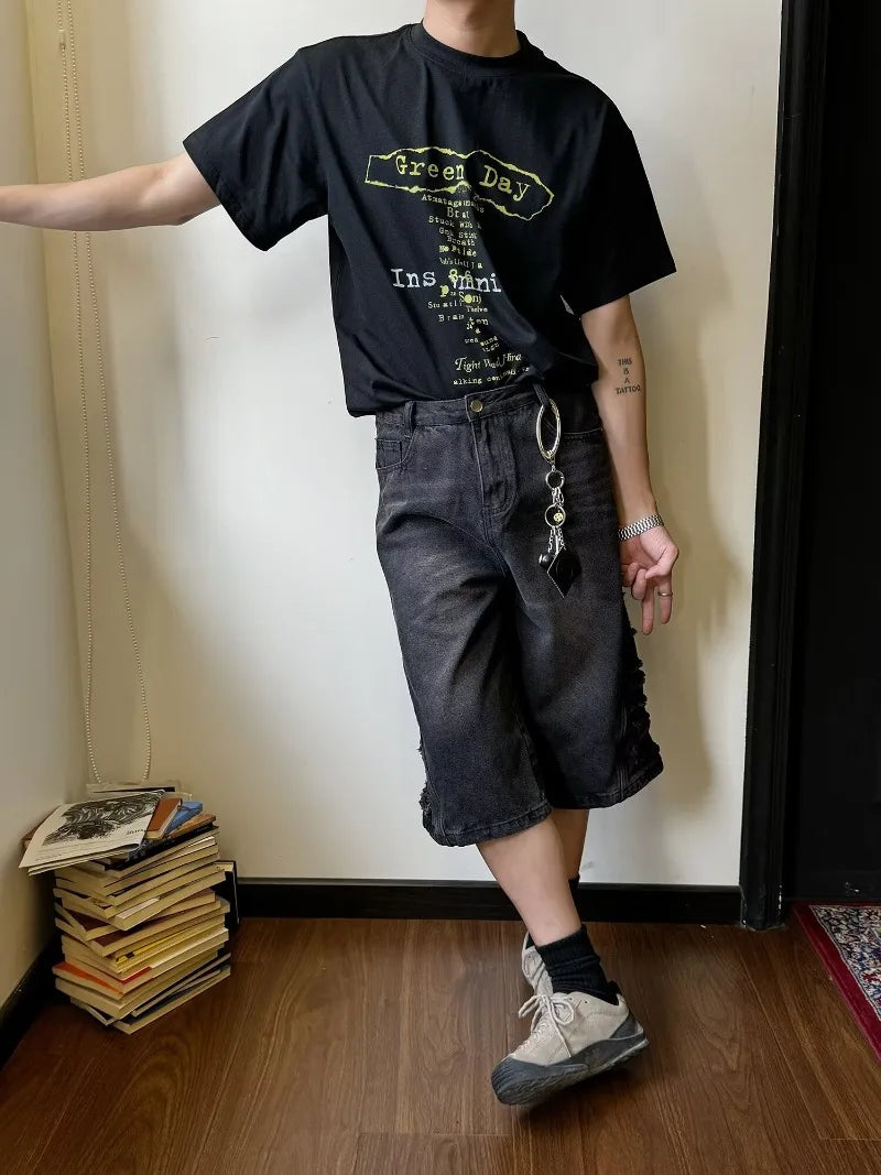 mens hip hop washed denim shorts broken hole folds burr edge street punk cowboy middle pants pockets bomber quarter pants y2k unique jeans style 4369