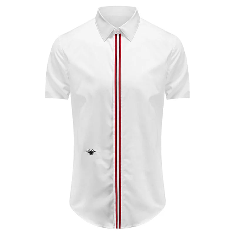 New 2021 Luxury Men Classic Embroidered bee stripe Ribbon Fashion Cotton Casual Shirts Shirt High Quality Short Sleeves A65 Street King Limited