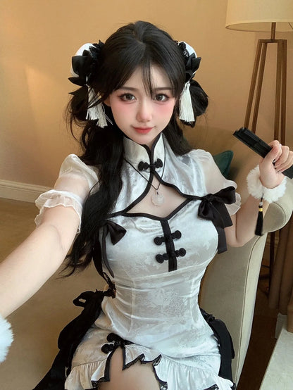 Vintage Chinese Style Cheongsam High Split Mini Dress 2024 Tie Dye Gothic Women Aesthetic Bandage Dresses Y2k Sexy Bodycon Robe Street King Limited