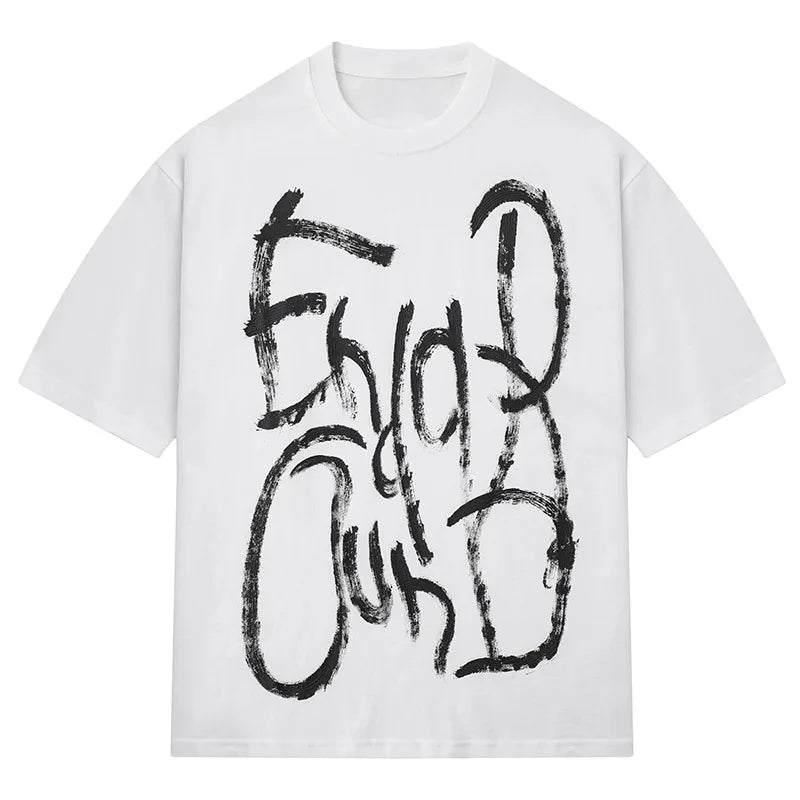 Men T-Shirt Inkjet Letter Printing Short Sleeve Tshirt Vintage Punk Gothic Loose Tees Top Hip Hop Cotton Streetwear Unisex Street King Limited