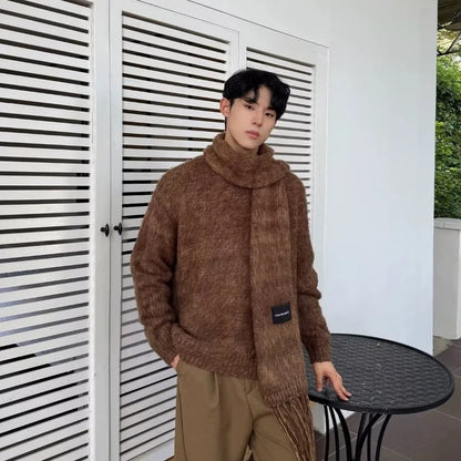 Autumn Warm Sweater Mens Korean Street Simplicity Round Neck Pullover+Solid Color Scarf Two-piece Set Casual Knitted Tops Trend Street King Limited
