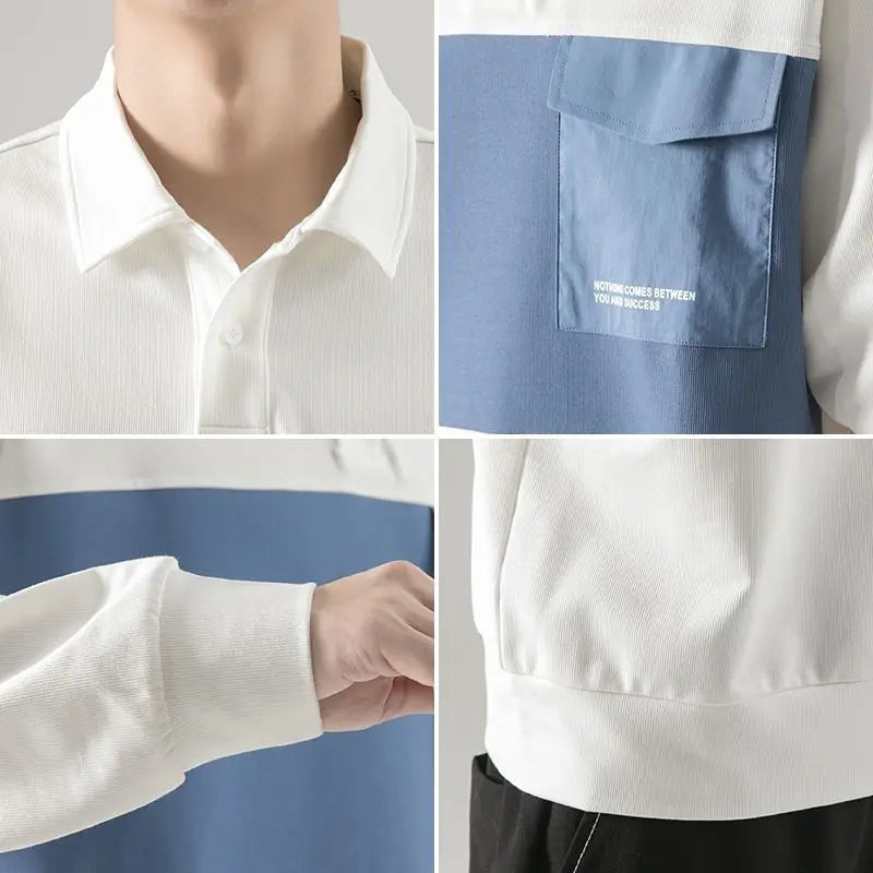 New polo shirt men's contrast color lapel spliced long sleeve t-shirt japanese large size loose sweatshirt bottoming shirt tops Street King Limited