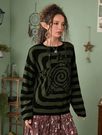 Y2K Women's Sweater Clothing Vintage Knitted Wool Sweater Jumper Round Neck Stripe High Neck Round Neck Long Sleeve Clothing Top Street King Limited