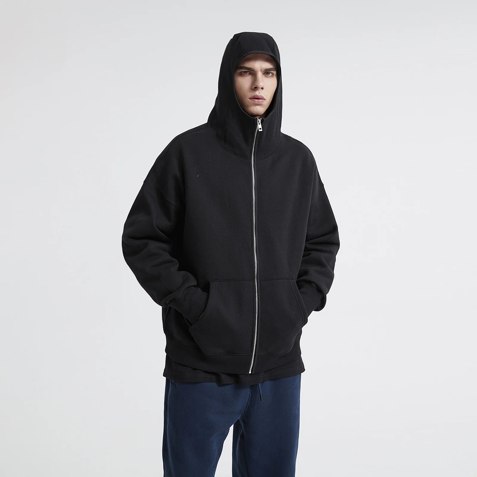 Streetwear Solid Color Ninja Zipper Hoodies Men's Fleece Turtleneck Cardigan Outdoor Oversized Hoody Plus Velvet Charge Coat Street King Limited