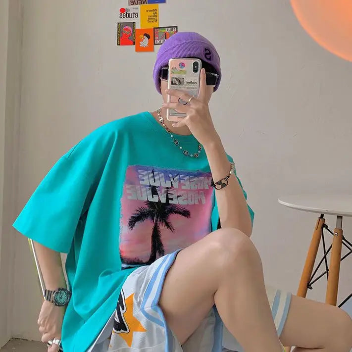 Short-sleeved men's t-shirt summer versatile Korean style loose half-sleeved student fashion brand pure cotton T-shirt y2k tops Street King Limited