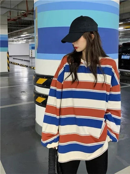 Women T shirts Striped Sweatshirt Thin tops 2024 Spring Women's Clothing Korean Fashion Couples Long Sleeve Teed y2k Pullovers Street King Limited