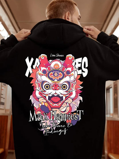 New Lion Dance Graphic Hoodies For Men Y2K Streetwear Fleece Hooded Sweatshirts Hip Hop Fashion Oversized Pullover Hoody Clothes Street King Limited