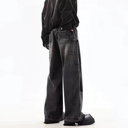 Summer Slim High Street Jeans Mens Washed Rough Edge Patchwork Straight Cowboy Pants Pockets Design Rivets Denim Trousers Thin Street King Limited