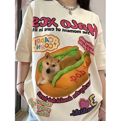 New Apricot American Vintage Creative Animal Hot Dog Cartoon T Shirts Hip Hop Street Oversized Y2K Tops Cotton Loose Summer Tee Street King Limited