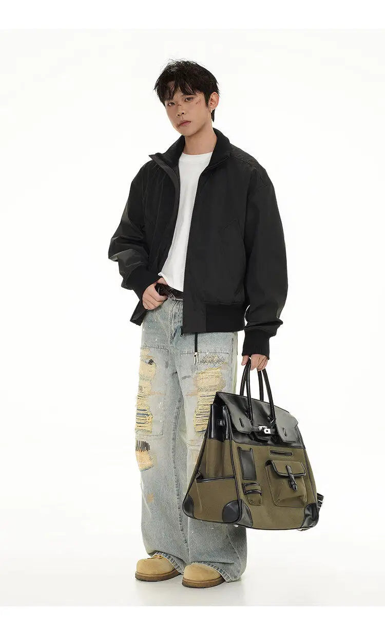 short design stand collar bomber jacket men korean streetwear fashion loose casual vintage bomber jacket coat cityboy outerwear unique shorts style 539