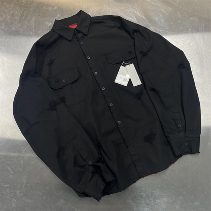 Undermycar 2023 New Worn Out Heavy Work Durable Splice Extra Large Loose Plaid Shirt with Black and Red Plaid Street King Limited