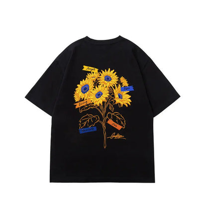 Summer American retro sunflower print short-sleeved T-shirt men's trendy brand design niche heavyweight half-sleeved tee y2k top Street King Limited