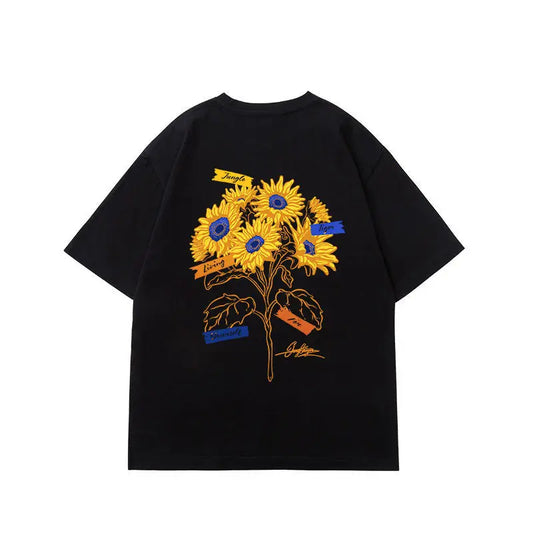 Summer American retro sunflower print short-sleeved T-shirt men's trendy brand design niche heavyweight half-sleeved tee y2k top Street King Limited