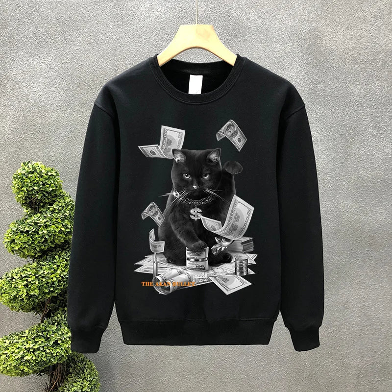 Cartoon Money Cat Graphic Printed Crewneck Sweatshirts Hombre Hip Hop Fashion Pullover Hoodies Y2K Streetwear Oversized Clothes Street King Limited
