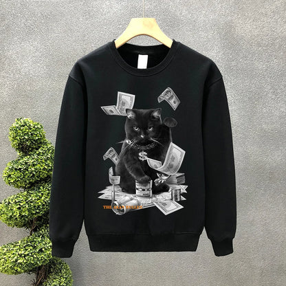 Cartoon Money Cat Graphic Printed Crewneck Sweatshirts Hombre Hip Hop Fashion Pullover Hoodies Y2K Streetwear Oversized Clothes Street King Limited
