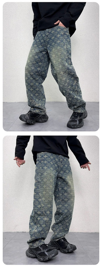 men jacquard loose casual hip hop vibe splice pocket denim baggy jeans pants man streetwear ripped jeans trousers boyfriend unique jeans style 2990