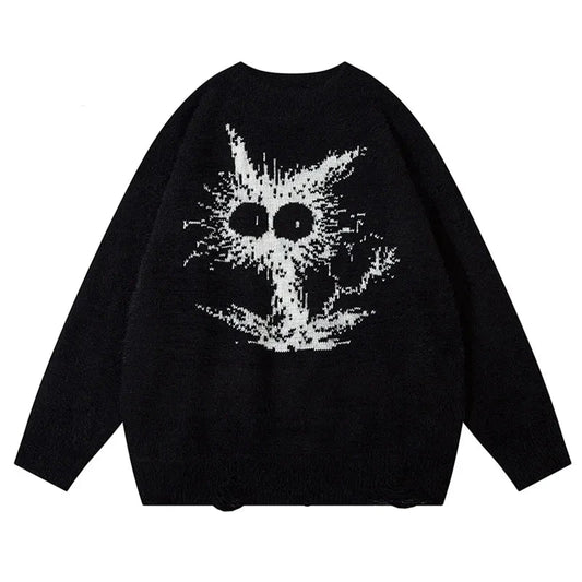 Men Autumn Knitted Sweater Hip Hop Streetwear Fashion Tops Vintage Casual Pullovers Clothing Funny Cat Pattern Knitwear Unisex Street King Limited