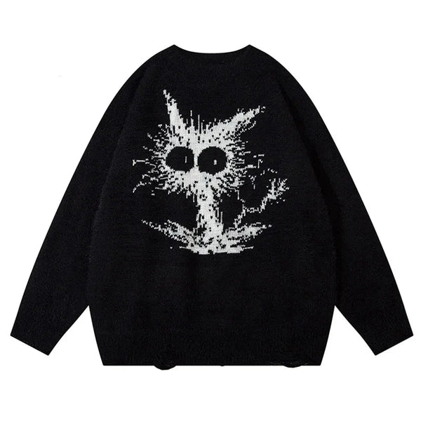 Men Autumn Knitted Sweater Hip Hop Streetwear Fashion Tops Vintage Casual Pullovers Clothing Funny Cat Pattern Knitwear Unisex Street King Limited