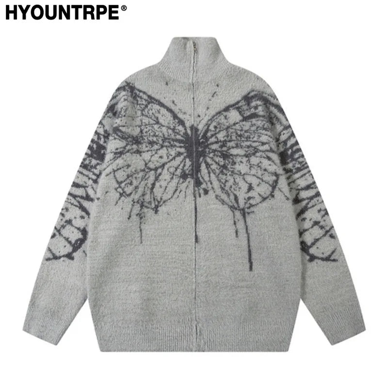 Fashion Zipper Cardigan Sweater Unisex Butterfly Pattern Streetwear Hip Hop Stand Collar Knitted Sweater Hairy Coats Men Jumpers Street King Limited