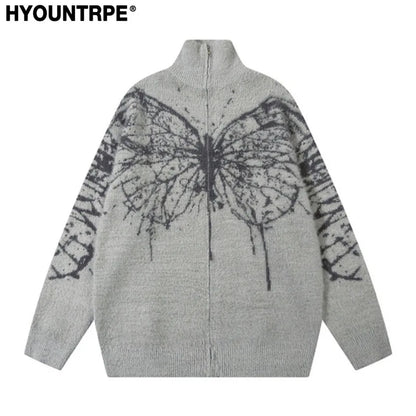 Fashion Zipper Cardigan Sweater Unisex Butterfly Pattern Streetwear Hip Hop Stand Collar Knitted Sweater Hairy Coats Men Jumpers Street King Limited