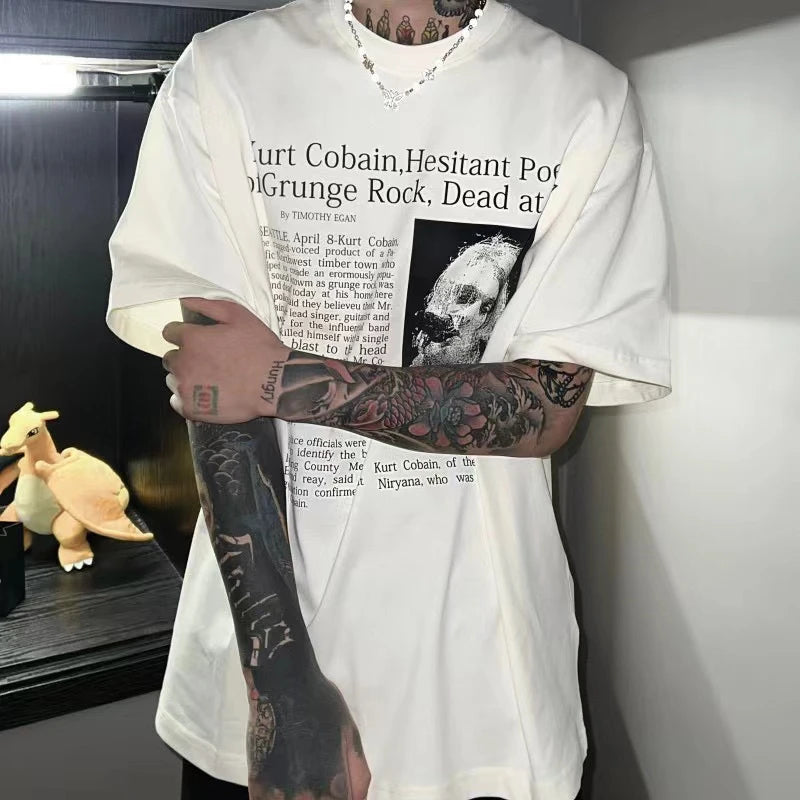 Vintage Band Cobain Portrait Print Heavyweight Short Sleeve High Street Casual Loose Cotton 90S Rock T-shirt High-quality Tops Street King Limited