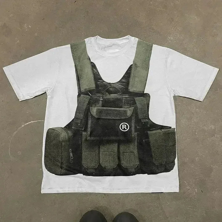 Harajuku Streetwear Y2K New T shirt Men Hip Hop Bulletproof Vest Graphic Print Oversized Cotton Short Sleeved Casual Tops Tees Street King Limited