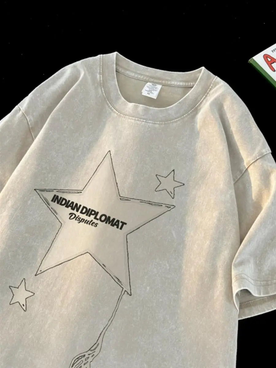 Five-pointed star American washed distressed short-sleeved T-shirt for men in summer loose heavyweight T-shirt trendy y2k tops Street King Limited